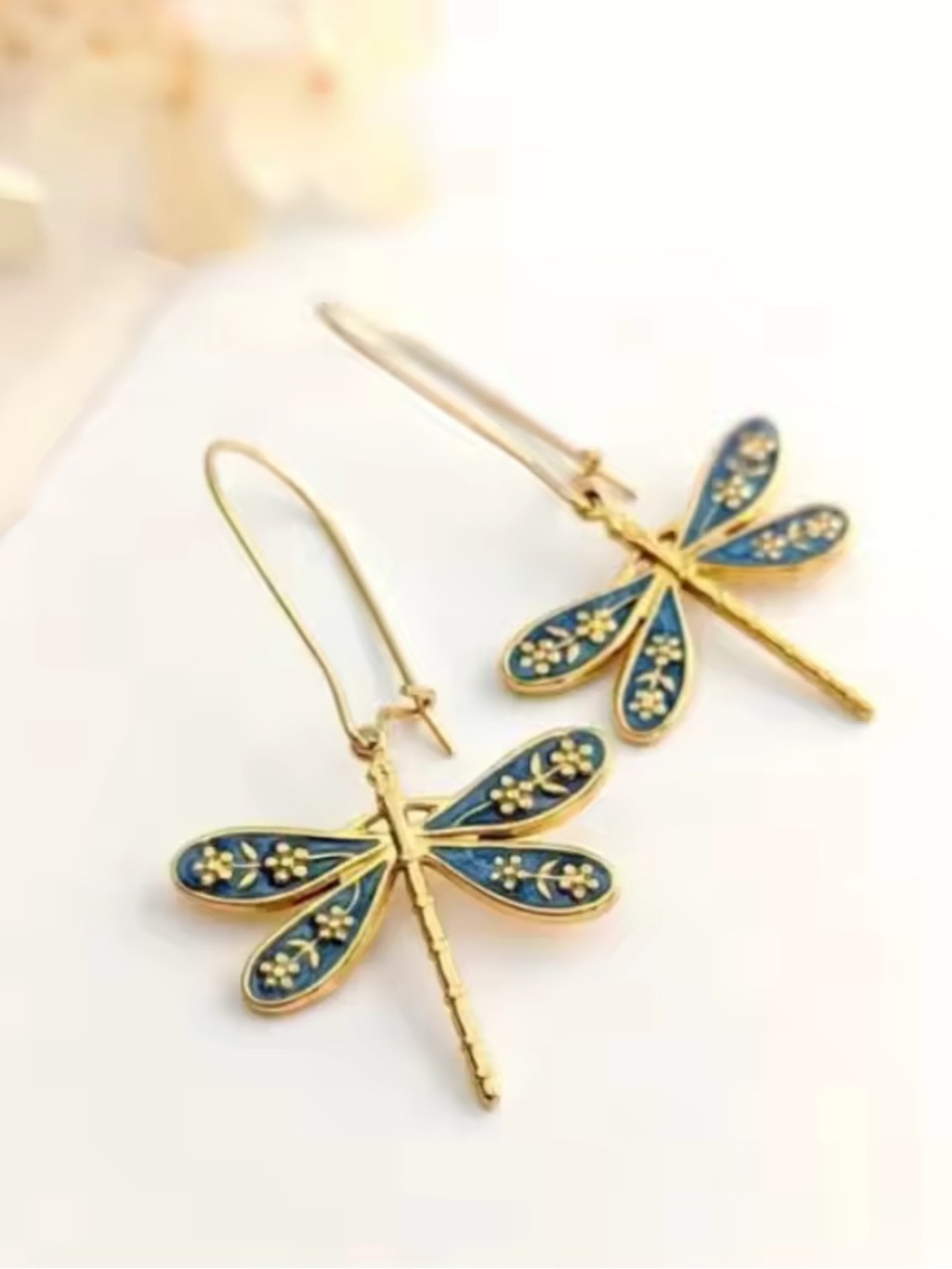 Blue and Gold Dragonfly Drop Earrings - Women Jewelry